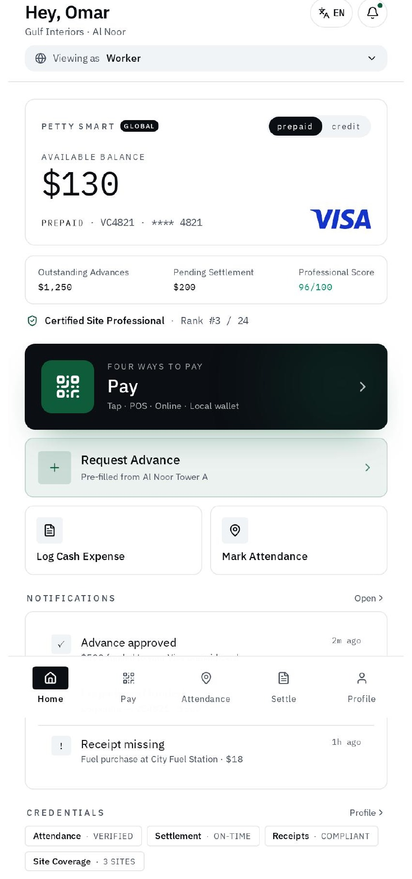 Worker home screen — balance, advances and four ways to pay